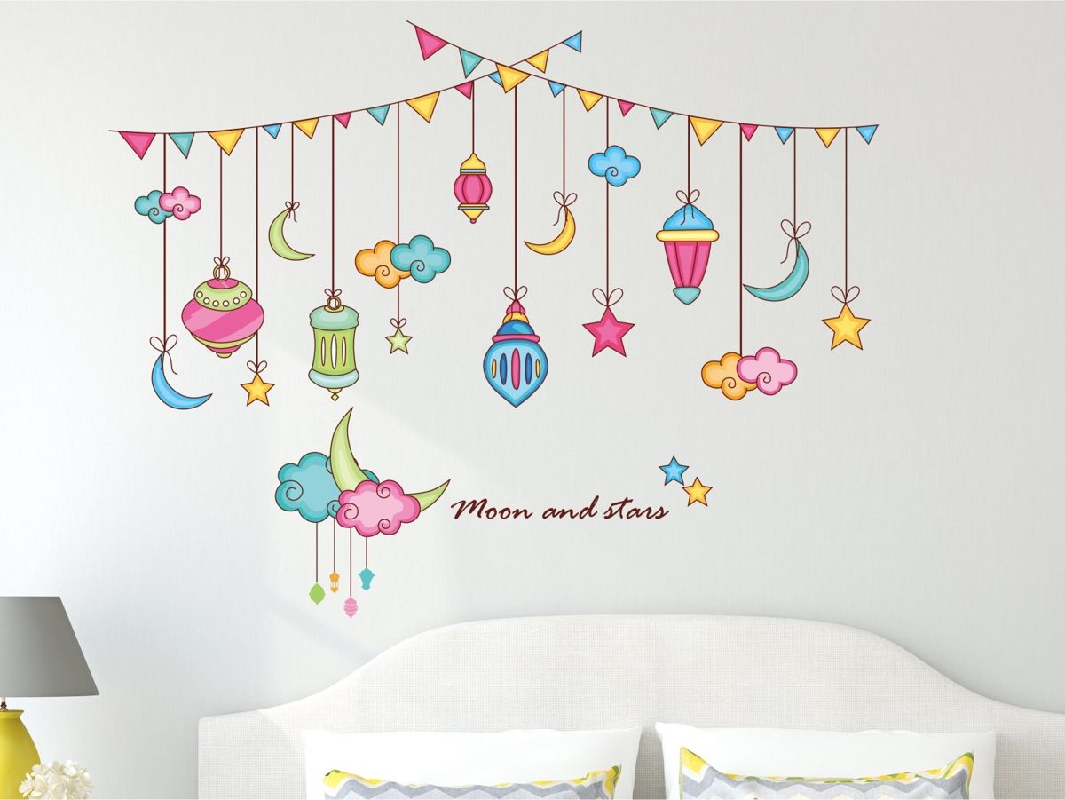 Amazon Brand - Solimo Wall Sticker for Living Room (Moon and Stars, Ideal Size on Wall, 91 cm x 71 cm)