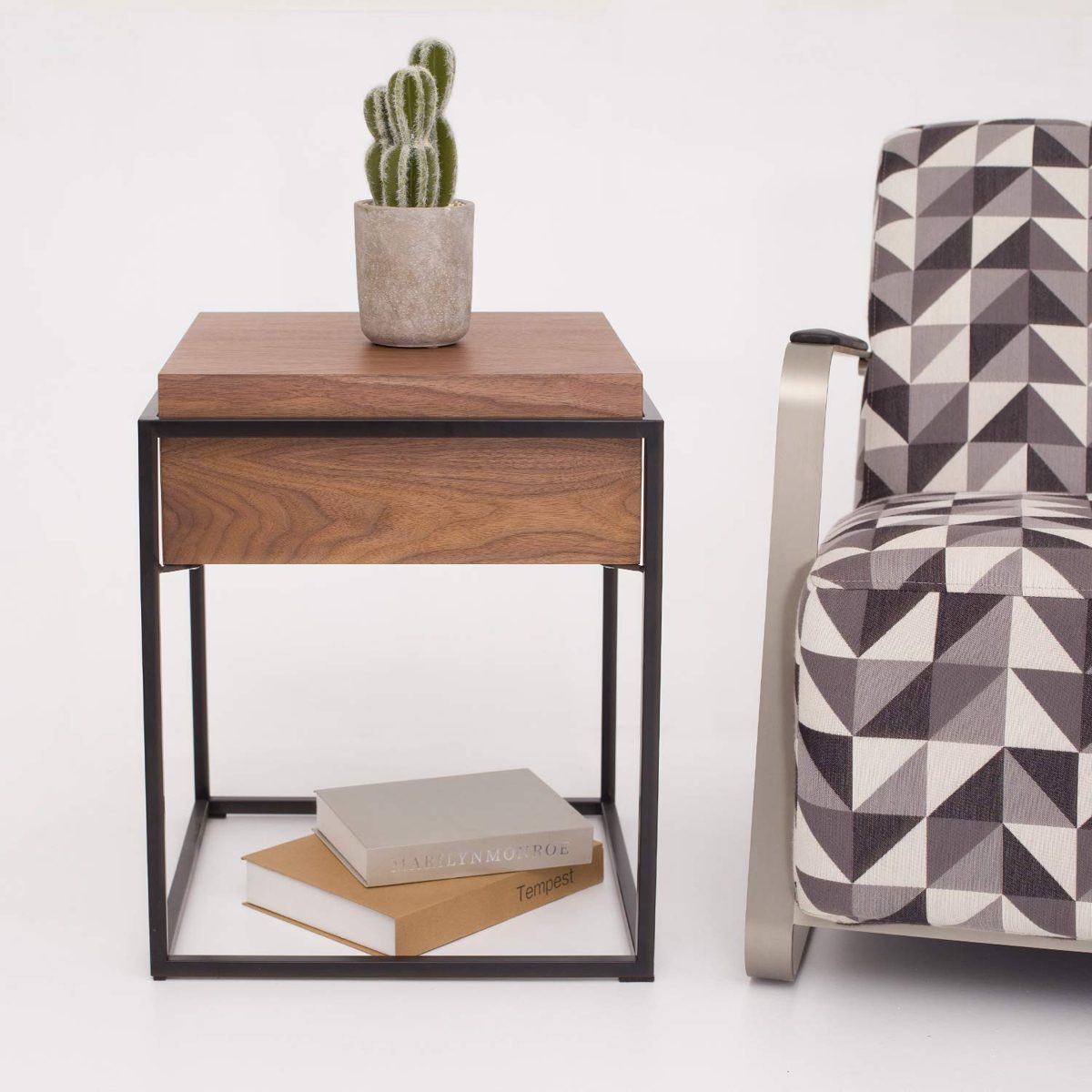 Amazon Brand - Rivet 1-Drawer End/Side Table, 43 x 43 x 52cm, MDF with Walnut Veneer/Black Metal Frame