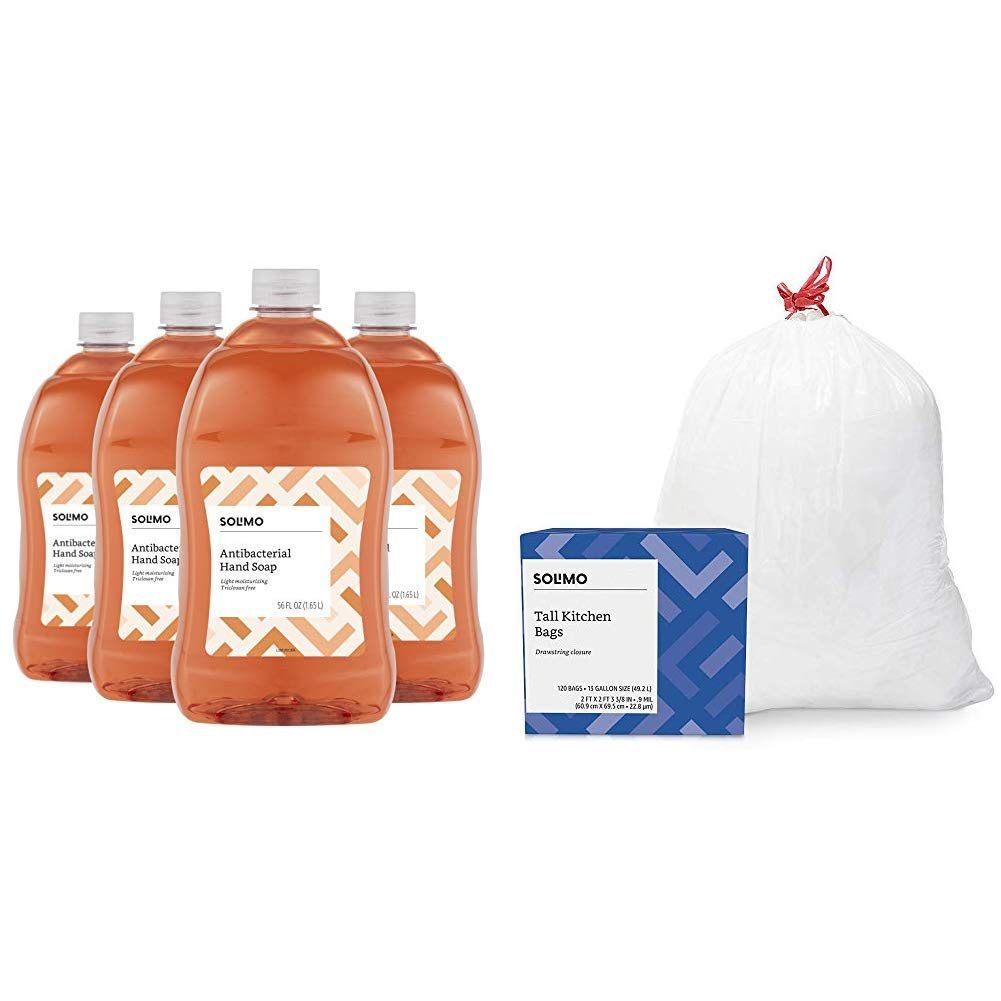 Amazon Brand - Solimo Antibacterial Liquid Hand Soap Refill, Light Moisturizing, Triclosan Free, 56 Fluid Ounce (Pack of 4) & Solimo Tall Kitchen Drawstring Trash Bags, 13 Gallon, 120 Count