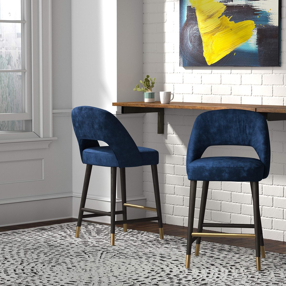 Amazon Brand – Rivet Whit Contemporary Upholstered Counter Height Stool with Gold Accents, 37"H, Navy Velvet