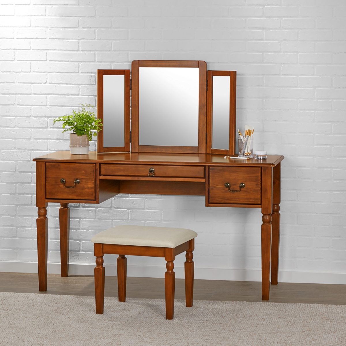 AmazonBasics Classic Grand 3-Piece Mirror Table Vanity Set with Stool - Cherry