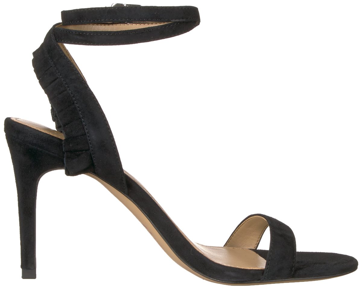 The Fix Amazon Brand Women's Caroline Ankle Strap Sandal with Ruffle Detail Heeled, Black Suede, 9 B US