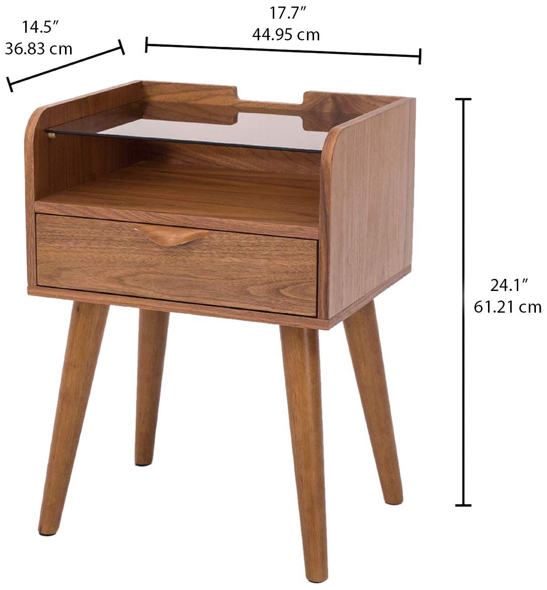 Amazon Brand - Rivet 1-Drawer End/Side Table with Shelf and Tempered Glass Top, 40 x 45 x 60cm, MDF with Walnut Veneer/Solid Beech Wood