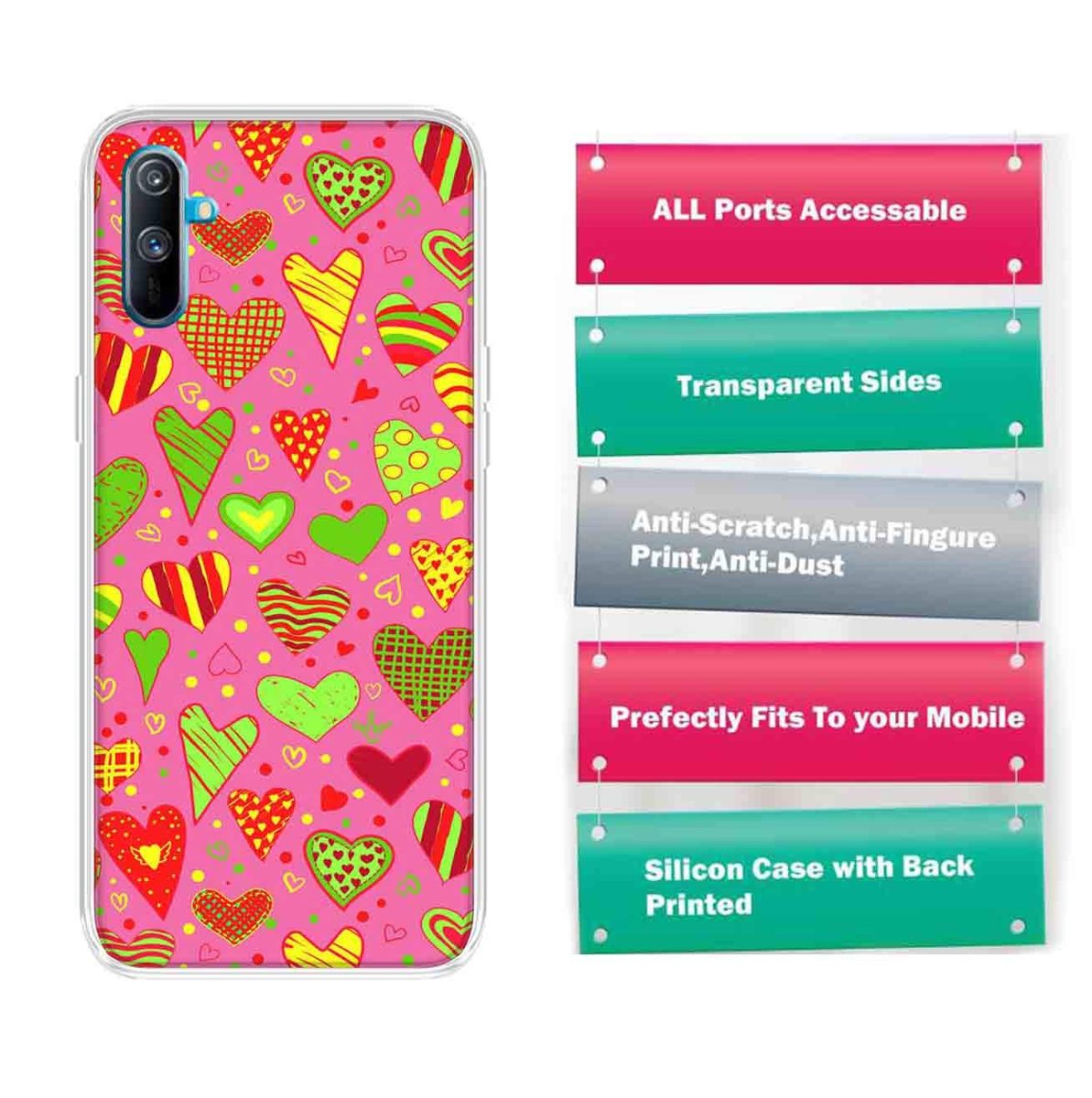 Amazon Brand - Solimo Designer Multicolor Heart Clip Art Pink Pattern Design Printed Soft Back Case Mobile Cover for Realme C3