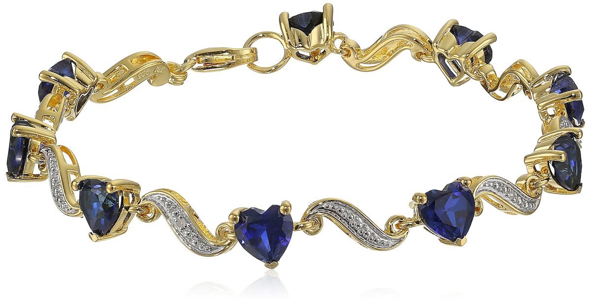 Yellow Gold Flashed Sterling Silver Created Blue Sapphire and Diamond Accent Heart Wave Bracelet, 7.25"