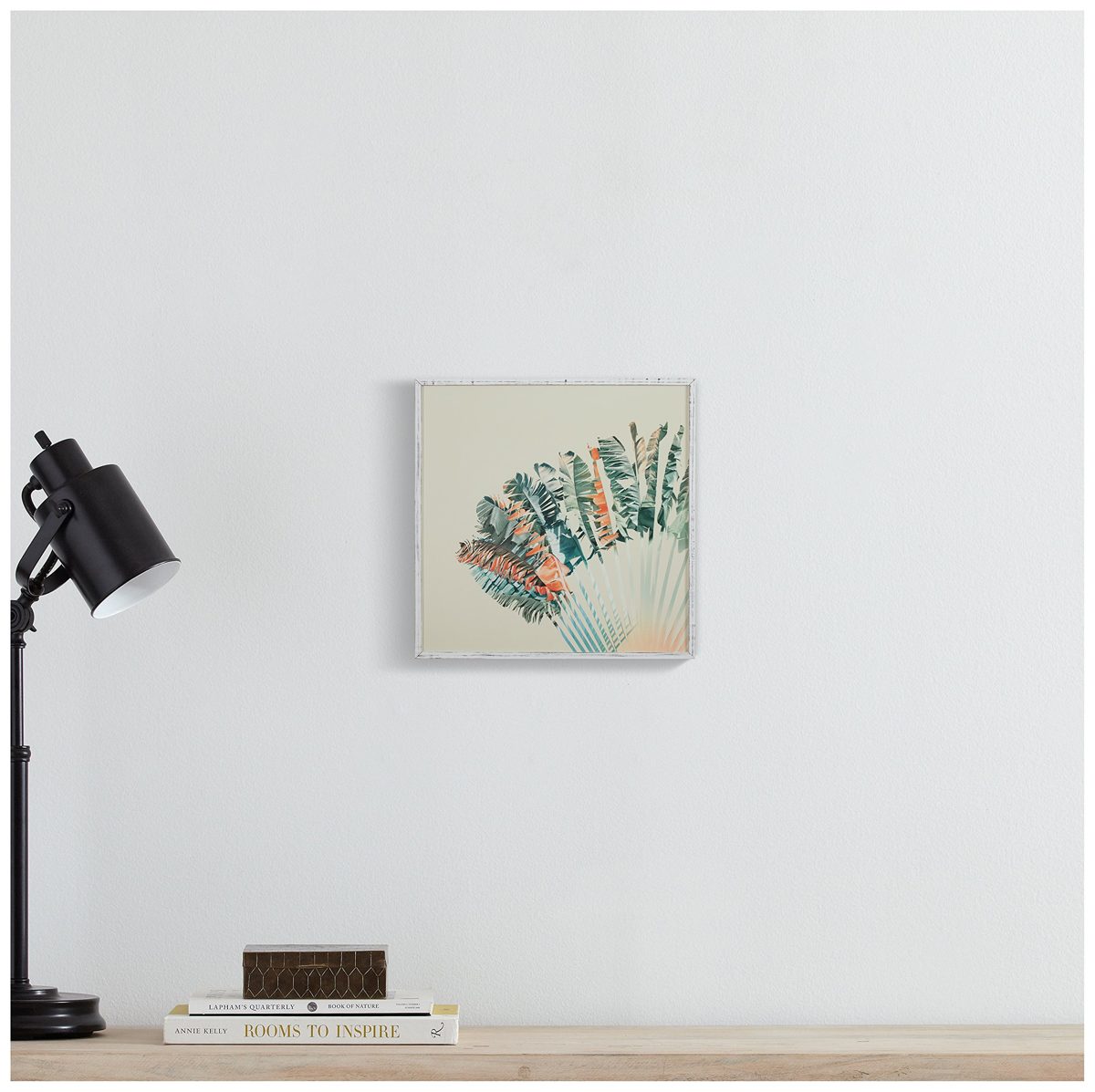 Amazon Brand – Stone & Beam Modern Turquoise and Orange Palm Print in White Frame Wall Art, 12" x 12"