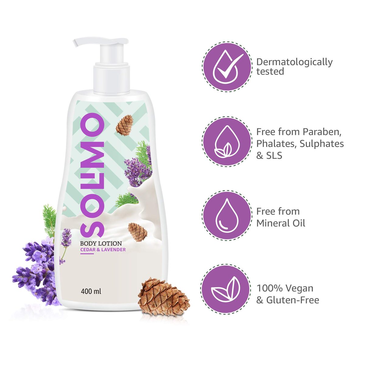 Amazon Brand - Solimo Cedar & Lavender Body Lotion, No Paraben, Sulphates, Phthlates, Mineral Oil, 100% Vegan, 400 ml