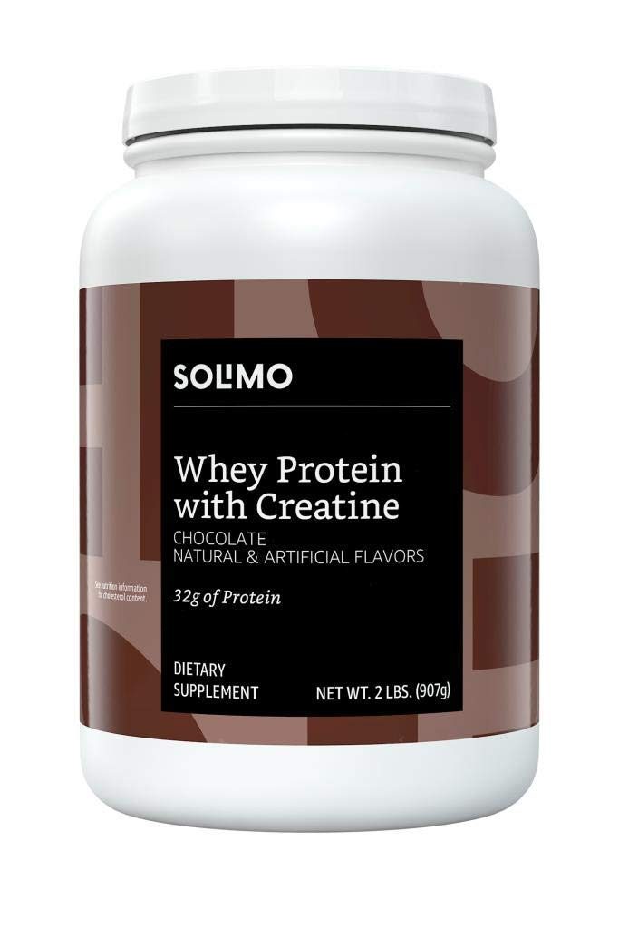 Amazon Brand - Solimo Whey Protein Powder with Creatine, Chocolate, 2 Pound (18 Servings)