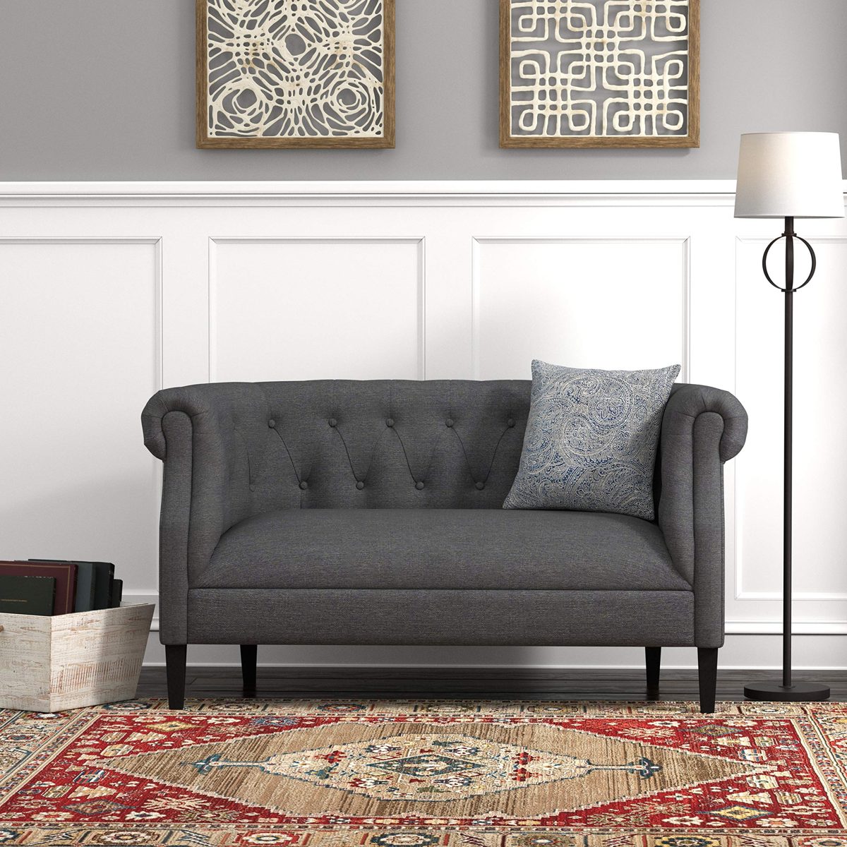 Amazon Brand – Ravenna Home Westcott Tufted Loveseat Sofa Couch, 60"W, Charcoal