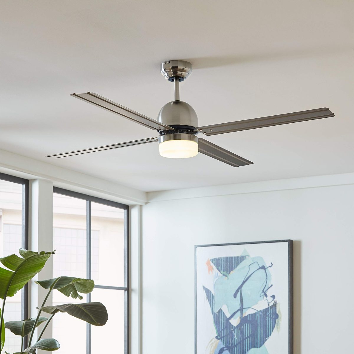 Amazon Brand – Rivet Modern Straight Blade Remote Control Flush Mount Ceiling Fan with Integrated LED Light - 53 x 53 x 16 Inches, Brushed Nickel