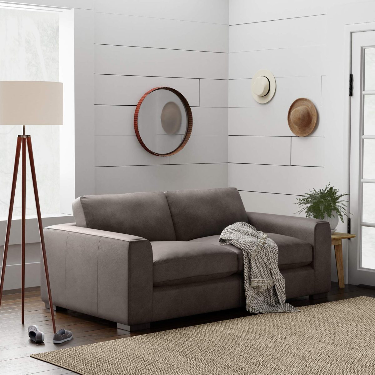 Amazon Brand – Stone & Beam Westview Extra-Deep Down-Filled Leather Loveseat Sofa Couch, 75.6"W, Dark Grey