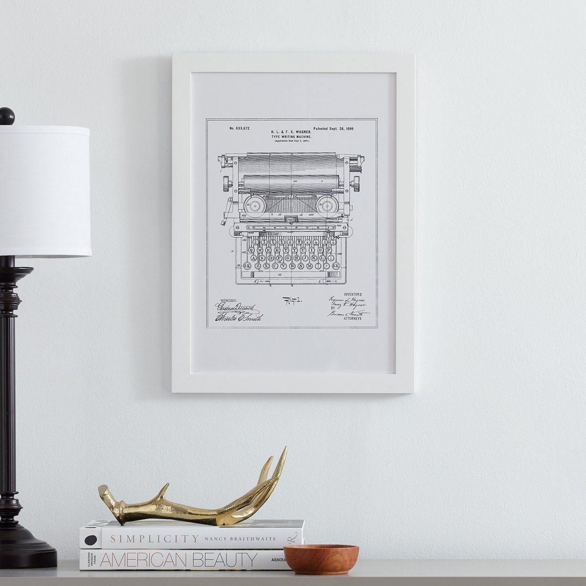Black on White Blueprint of 1899 Typewriter, White Frame, 15" x 21"