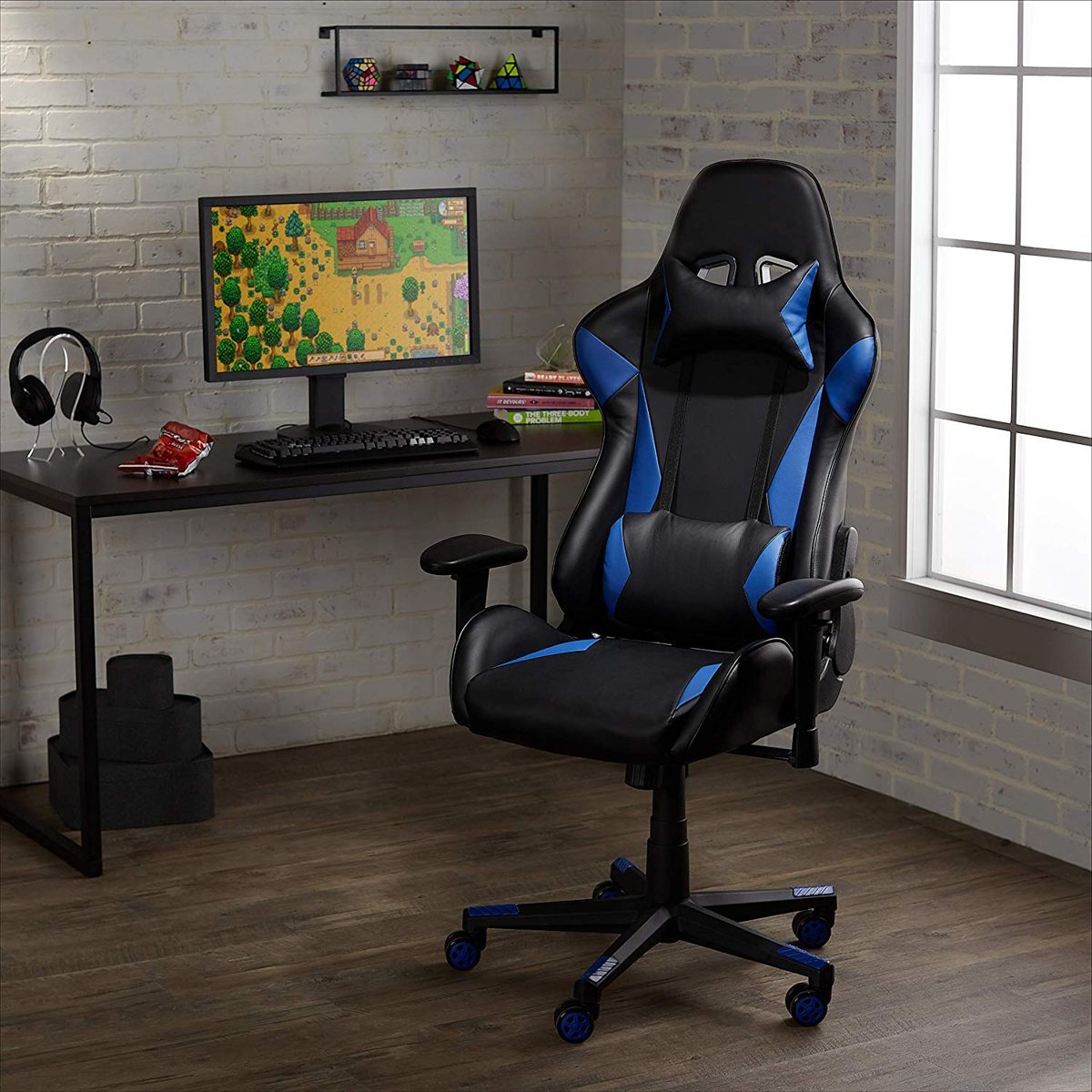 AmazonBasics Gaming/Racing Style Office Chair with Removable Headrest and High Back Cushion - Blue