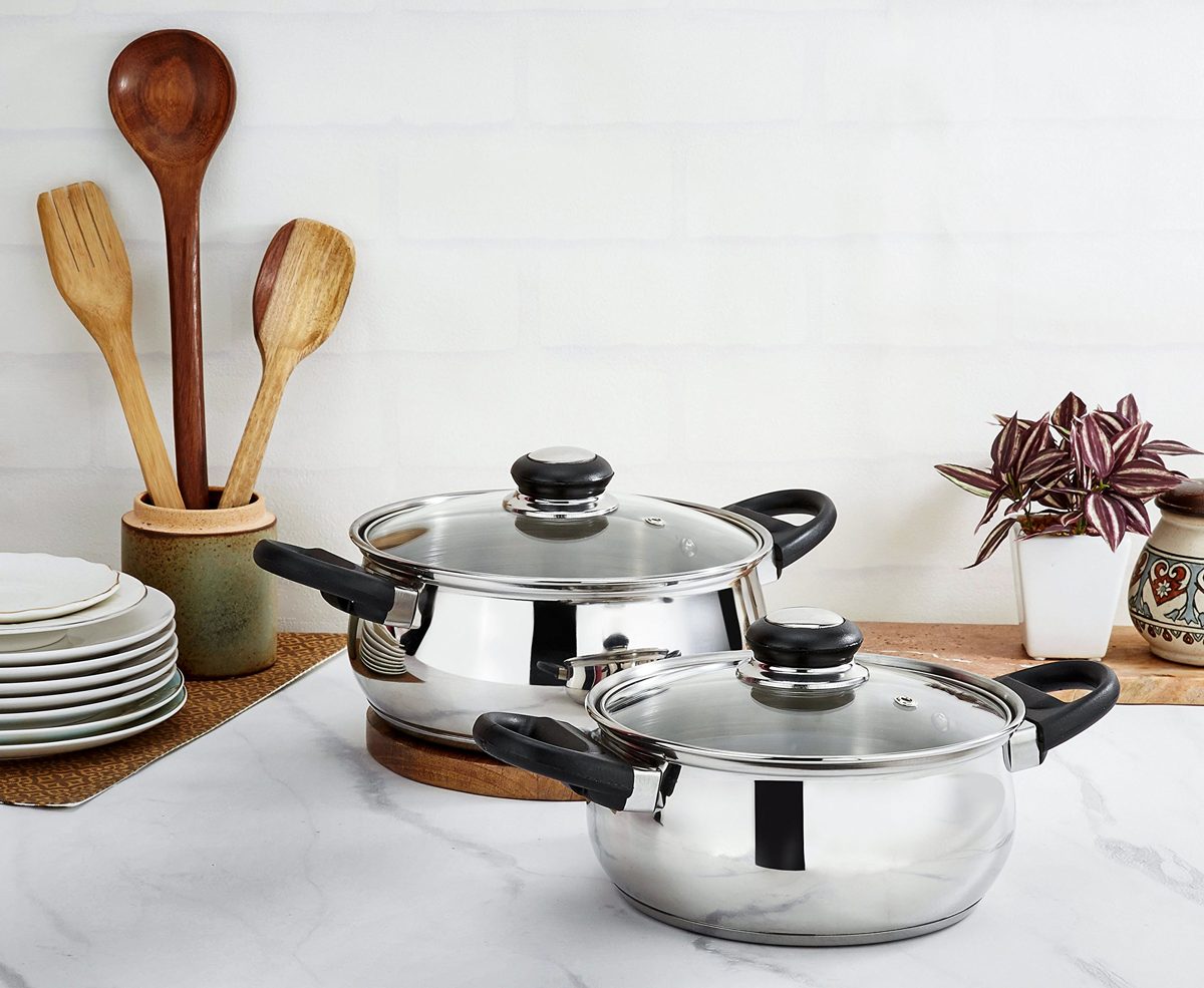 Amazon Brand - Solimo Stainless Steel 2-Piece Casserole with Glass Lids