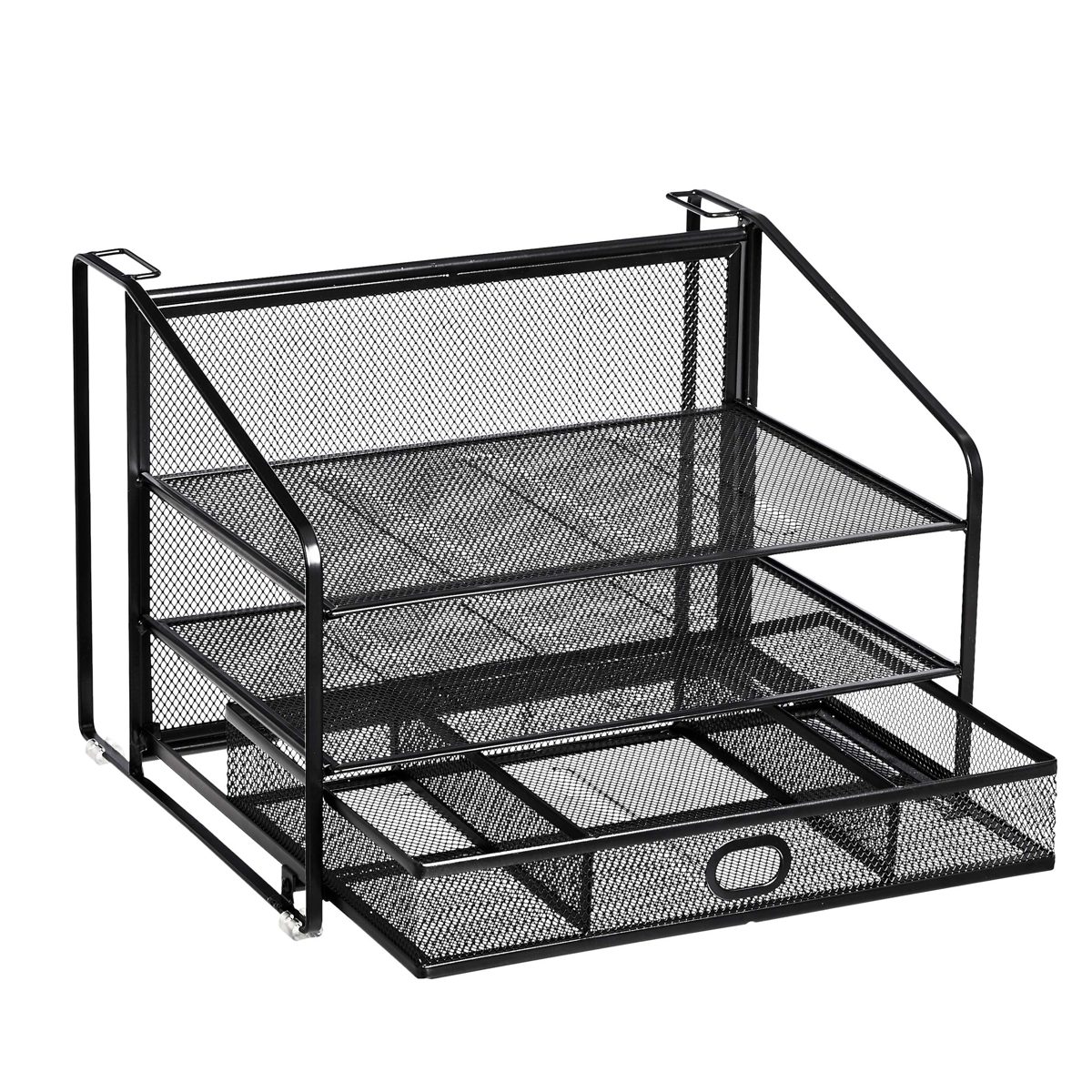 AmazonBasics 3 Tray Desk Organizer with Sliding Drawer and Hanging File Holder, Black