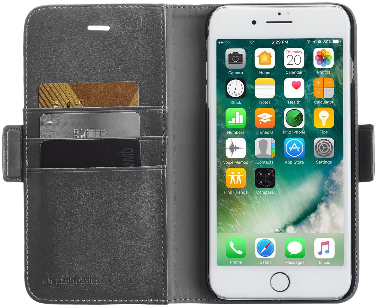 AmazonBasics 2-in-1 Faux Leather Case with Detachable Case for iPhone 7 Plus & 8 Plus, dark grey