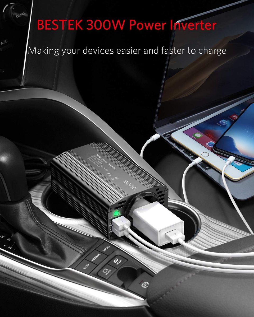 Eono Essentials Voltage Converter 12 V 230 V / Modified Wave Power Inverter 300 W / Eono Inverter with 2 USB Ports and Car Cigarette Lighter Plug