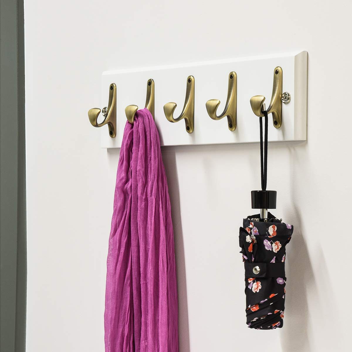 AmazonBasics Curved Single Prong Coat Hook, Antique Brass, 5-Pack