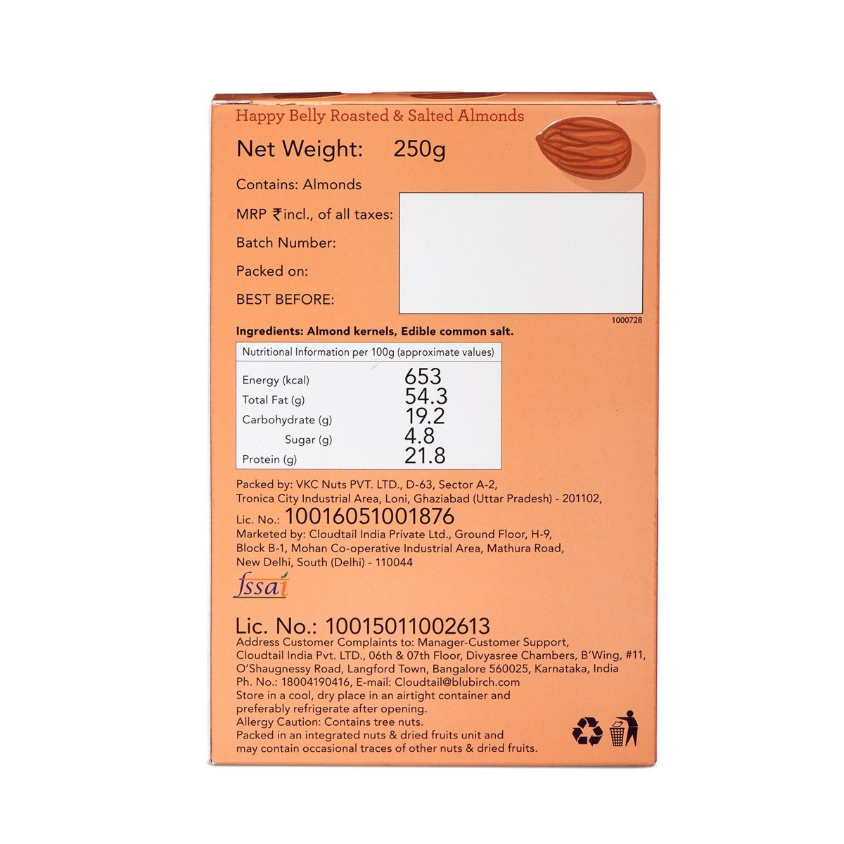 Happy Belly Roasted and Salted Almonds, 250g