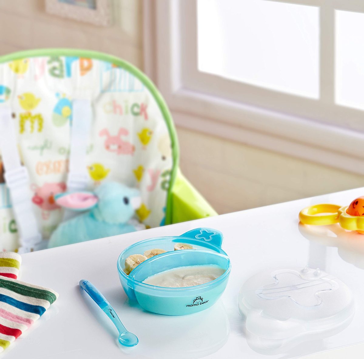 Amazon Brand - Mama Bear Round Bowl with Snap-in Spoon and Lid (Blue)