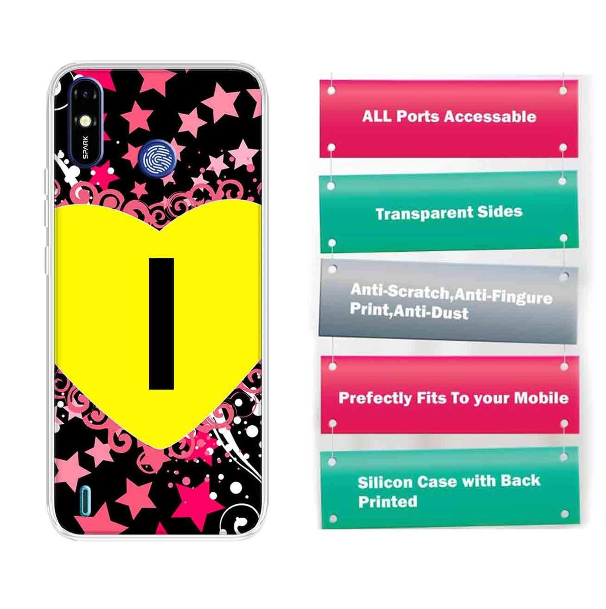 Amazon Brand - Solimo Designer Multicolor Heart Pattern Alphabet-I Printed Soft Back Case Mobile Cover for Tecno Spark Go Plus