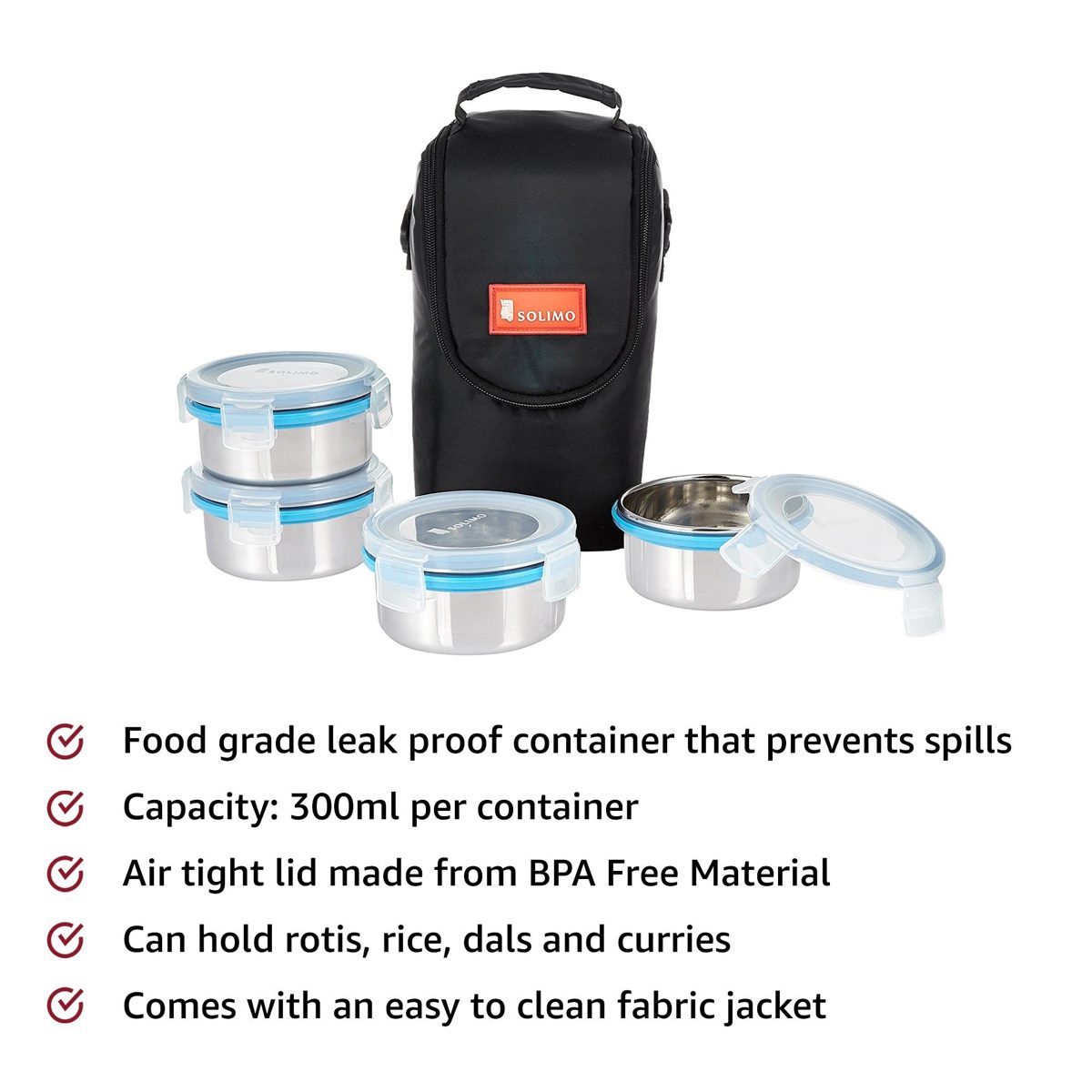 Amazon Brand - Solimo Stainless Steel Lunch Box Set with Bag, 300ml, 11cm Diameter, 4-Pieces, Clear Lid