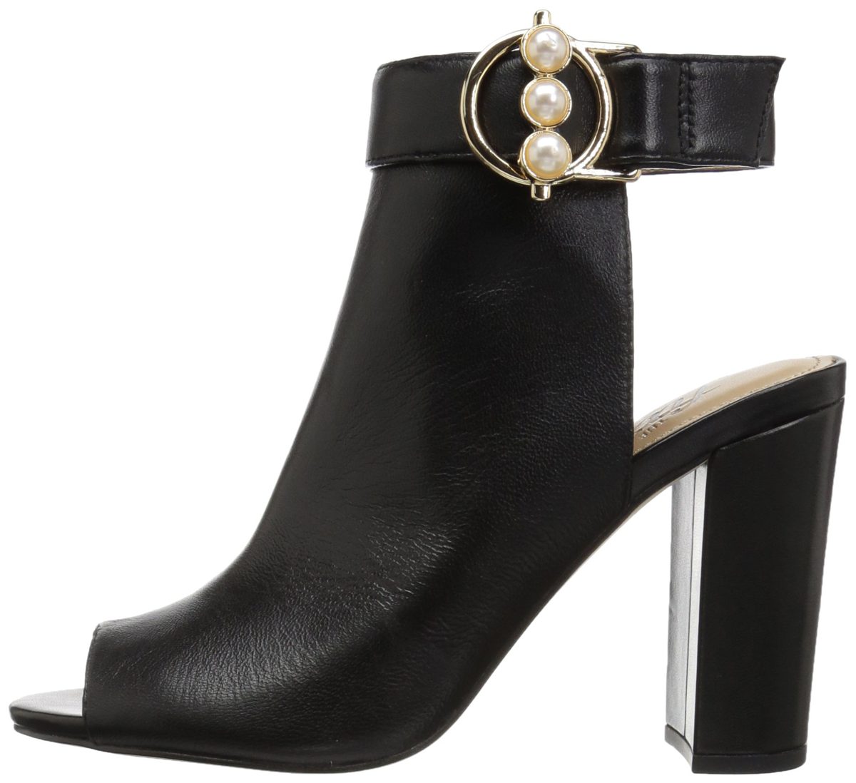 Amazon Brand - The Fix Women's Giana Open Toe Bootie with Pearl Buckle, black leather, 8 B US