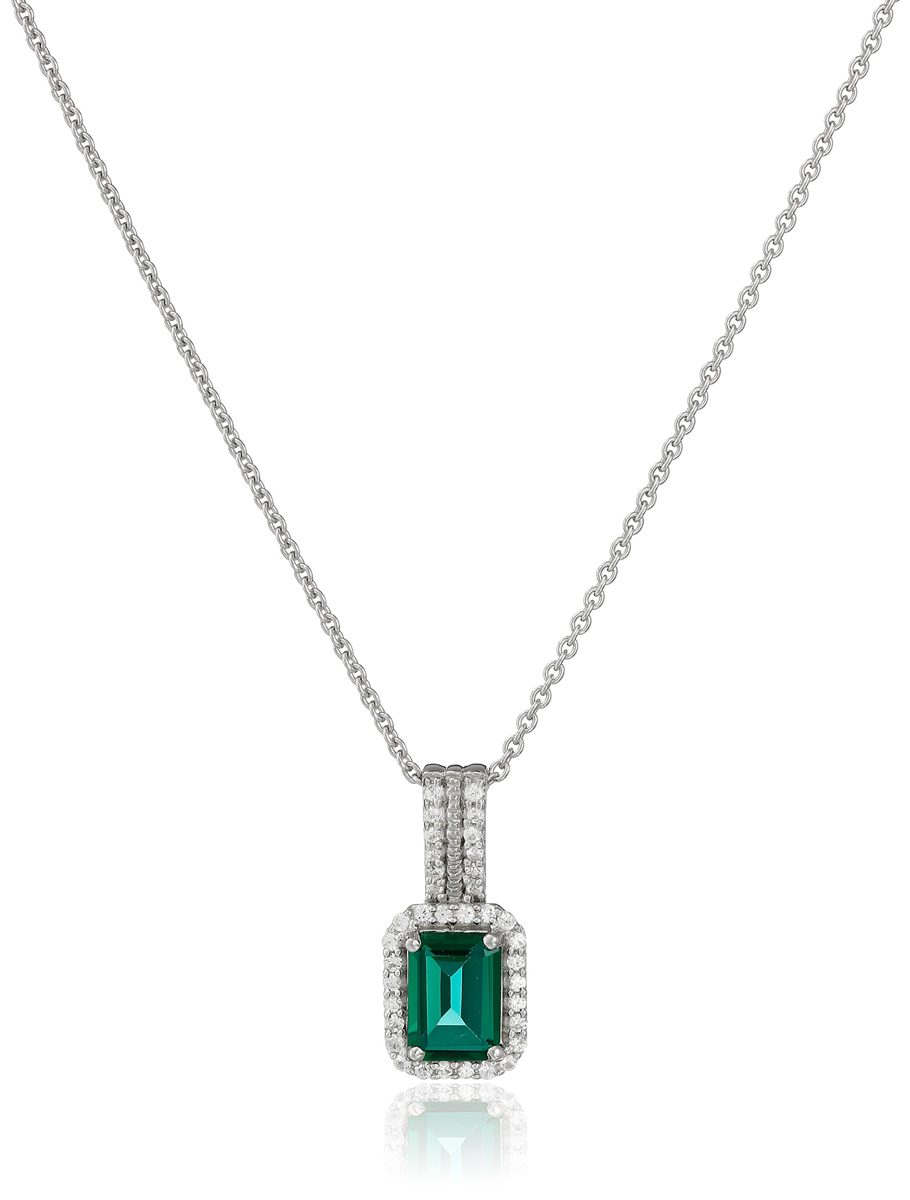 Sterling Silver Octagon Created Emerald and Round Created White Sapphire Pendant Necklace