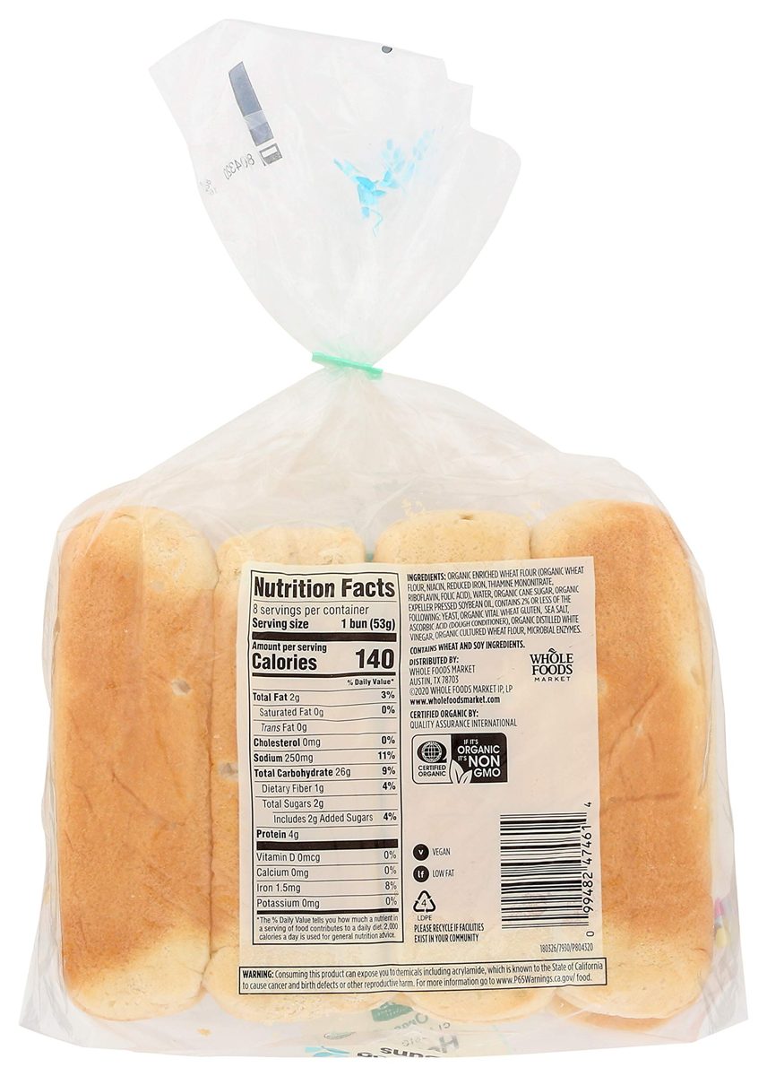365 EVERYDAY VALUE Organic White Hot Dog Buns 8Ct, 14 OZ (Frozen)