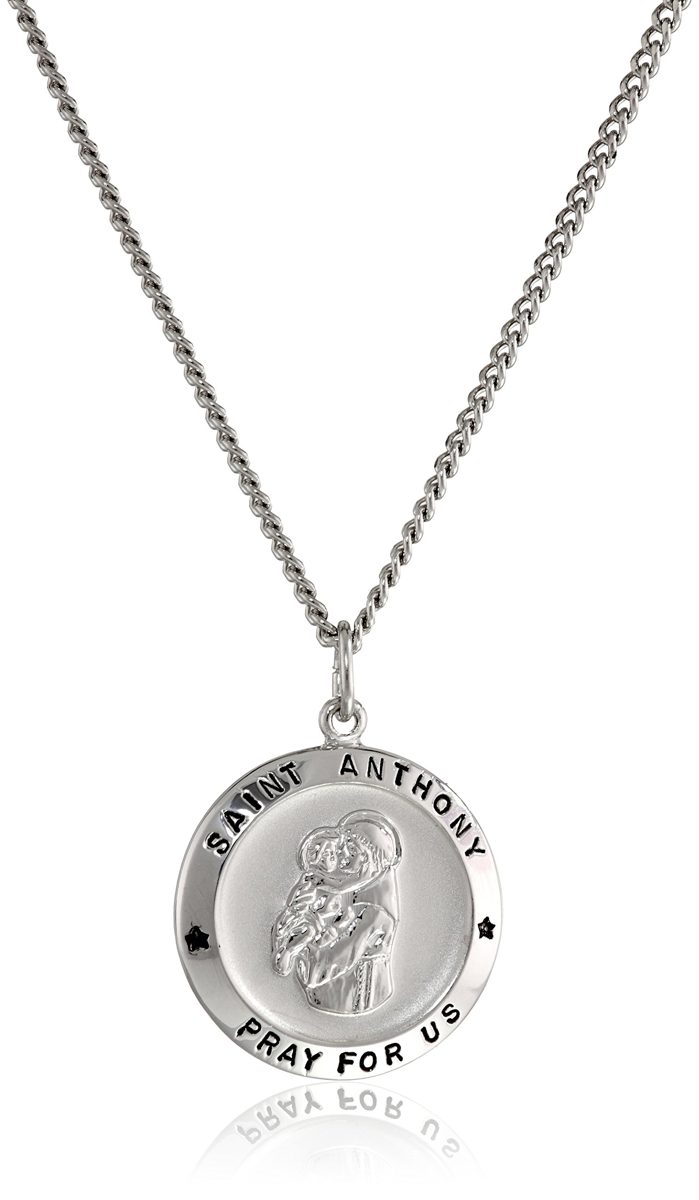Sterling Silver Round Saint Anthony Pendant Necklace with Rhodium Plated Stainless Steel Chain, 20"