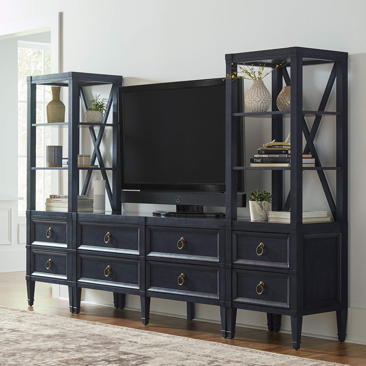 Amazon Brand – Stone & Beam Alan Casual Wood Media TV Console Table, 62"W, Washed Navy and Gold