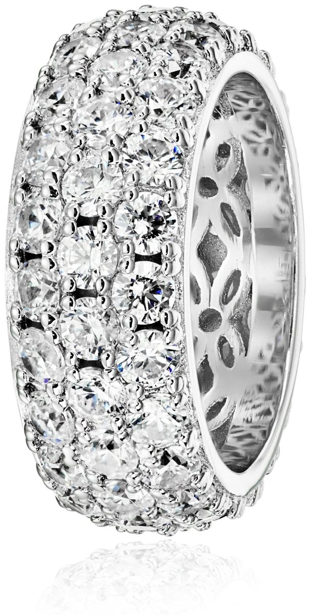 Platinum-Plated Sterling Silver 3 Row Pave Ring set with Round Swarovski Zirconia (3.45 cttw), Size 6