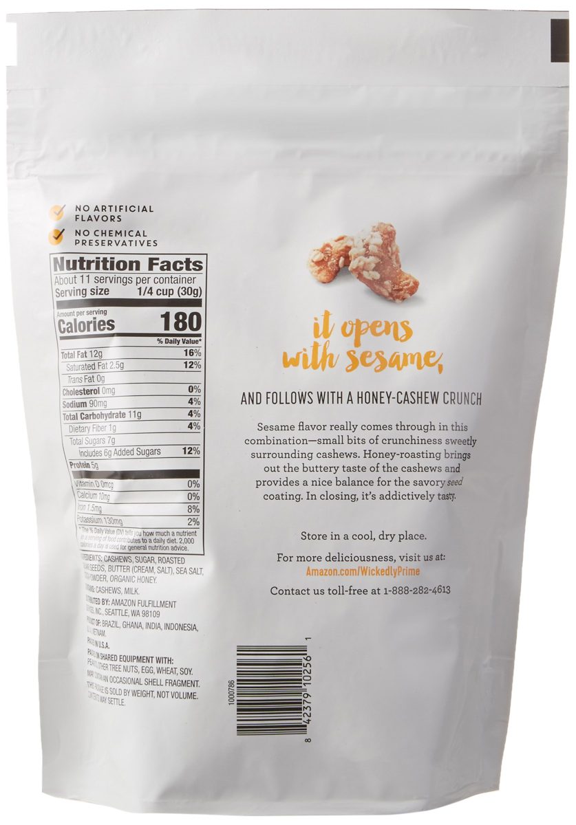 Wickedly Prime Roasted Cashews, Honey Sesame, 12 Ounce (Pack of 2)
