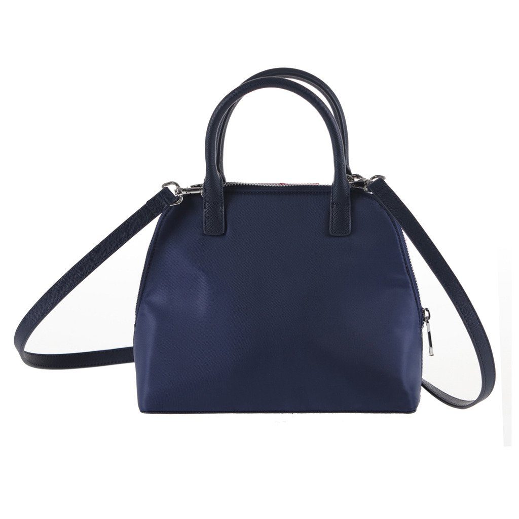 The Lovely Tote Co. Women's Contrast-Stripe Nylon Top Handle Bowler with Faux-Fur Pom Charm,