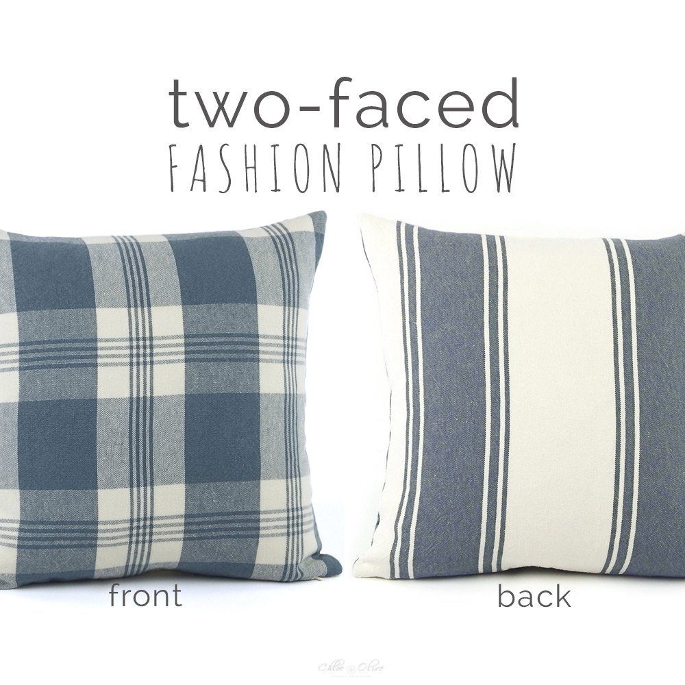 Chloe & Olive French Bistro Blue Collection Stripe and Plaid Reversible Pillow Cover, 18-Inch, Blue and Cream
