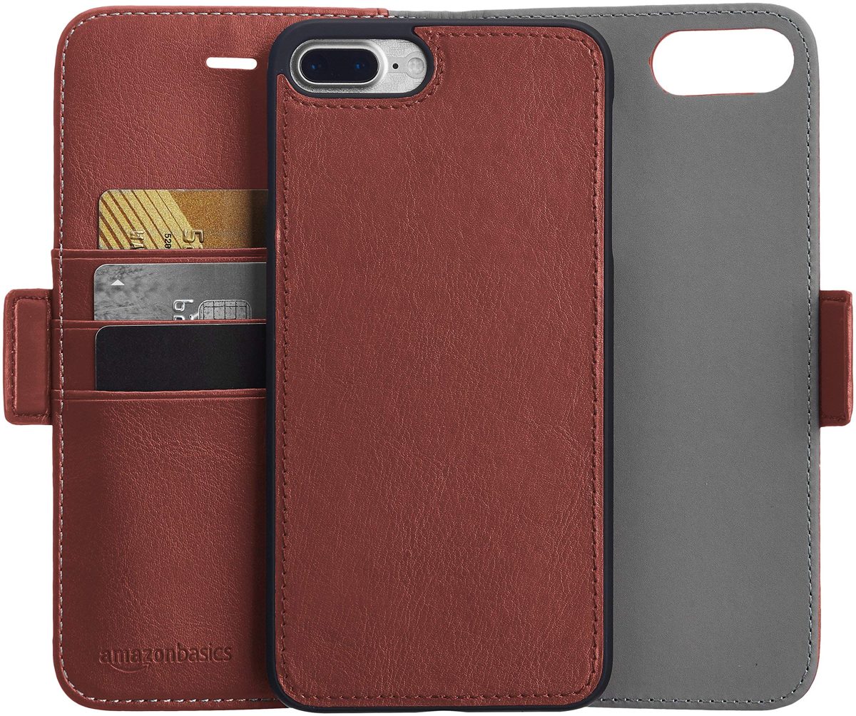 AmazonBasics iPhone 8 Plus / 7 Plus PU Leather Wallet Detachable Case, Dark Brown (Renewed)
