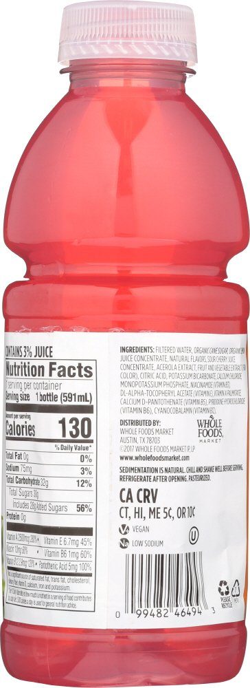 Whole Foods Market, Nutrient Enhanced Water Beverage, Pink Lemonade + B Vitamins, 20 fl oz