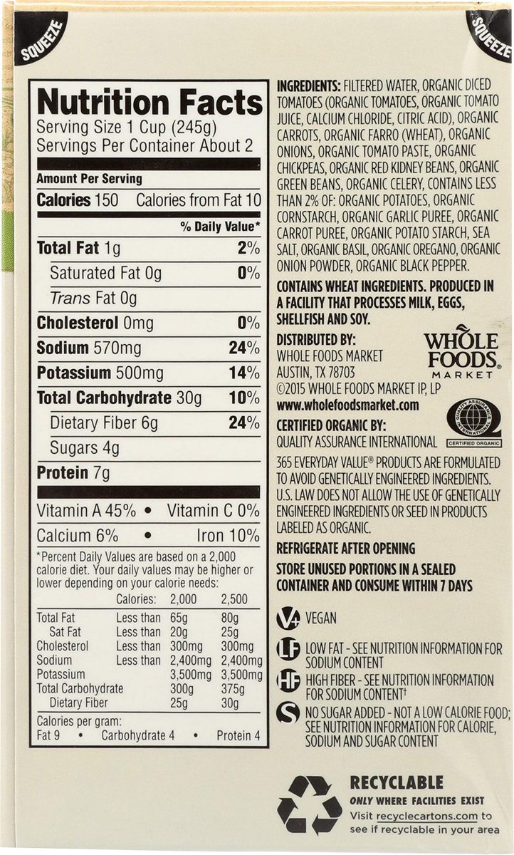 365 Everyday Value, Organic Minestrone with Farro Soup, 17 oz