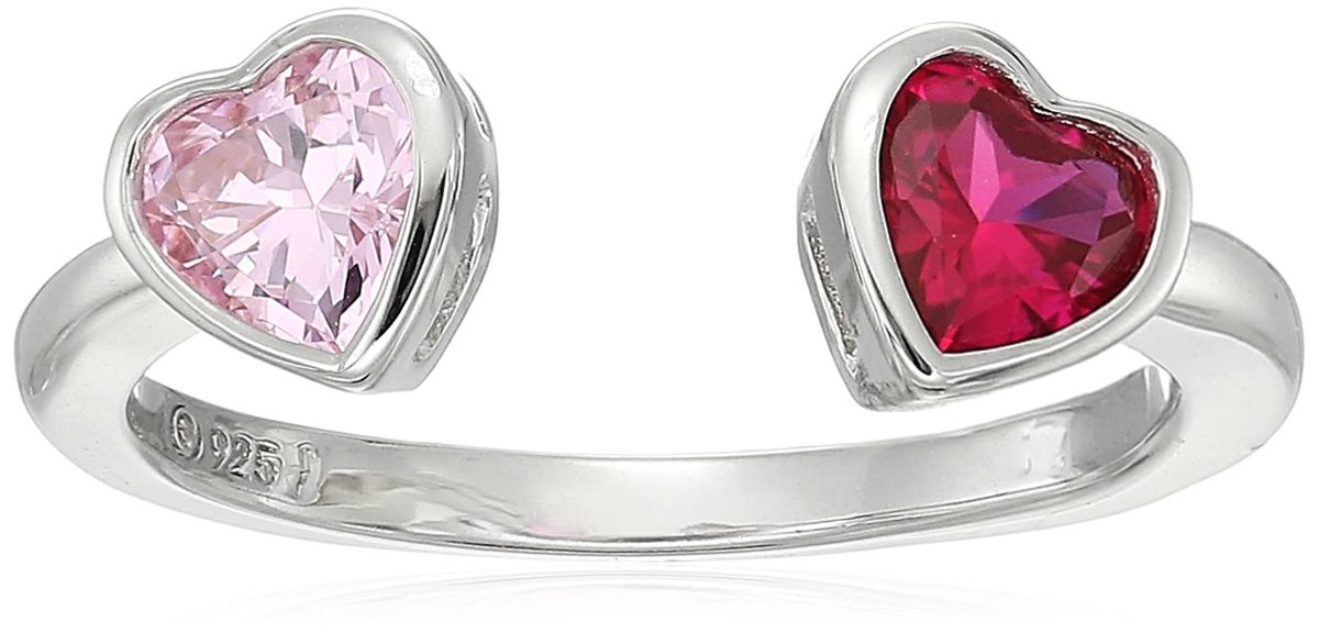 Platinum-Plated Sterling Silver Swarovski Zirconia Pink and Ruby Color Open Heart Rings, Size 8