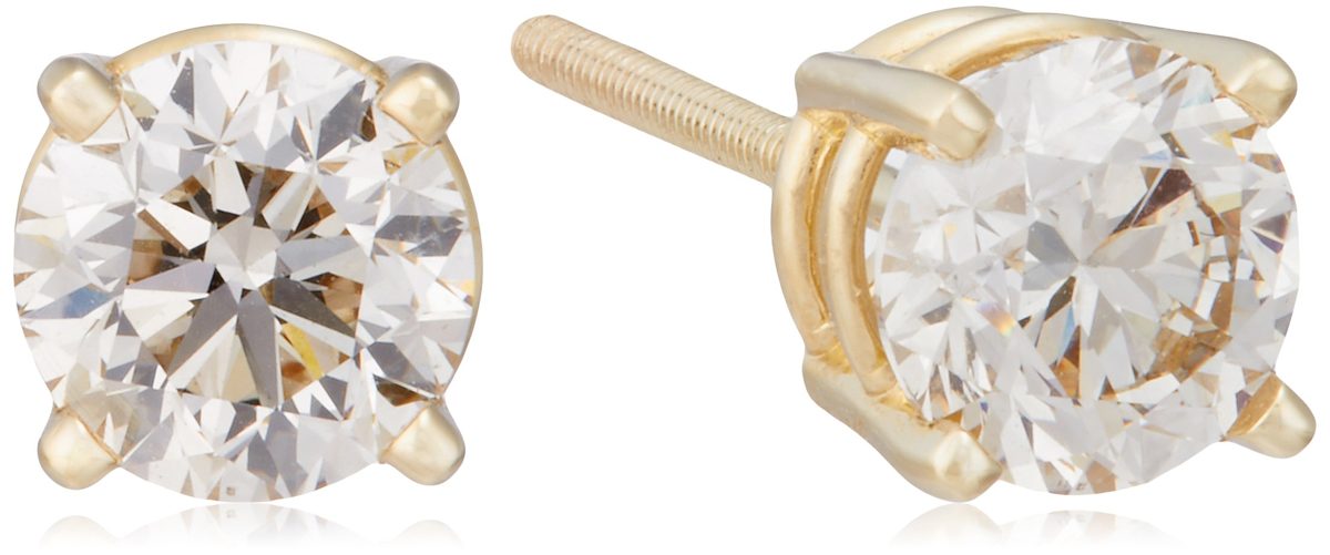 AGS Certified 14k Yellow Gold Screw Back Diamond Stud Earrings (1.0 ct J-K Color, I1-I2 Clarity) ERB100BSNW+Y