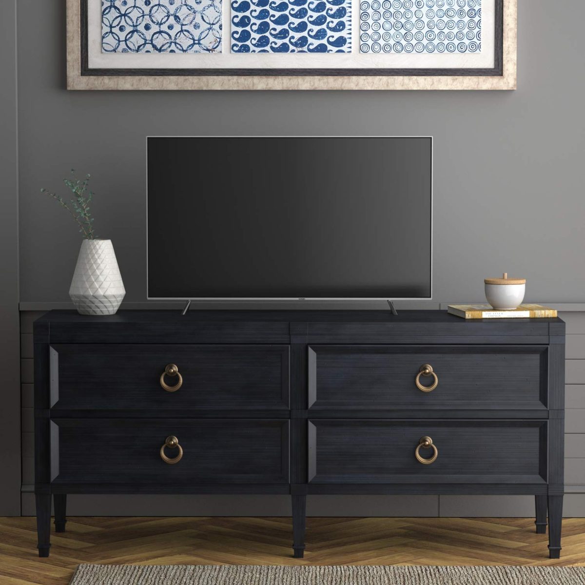 Amazon Brand – Stone & Beam Alan Casual Wood Media TV Console Table, 62"W, Washed Navy and Gold