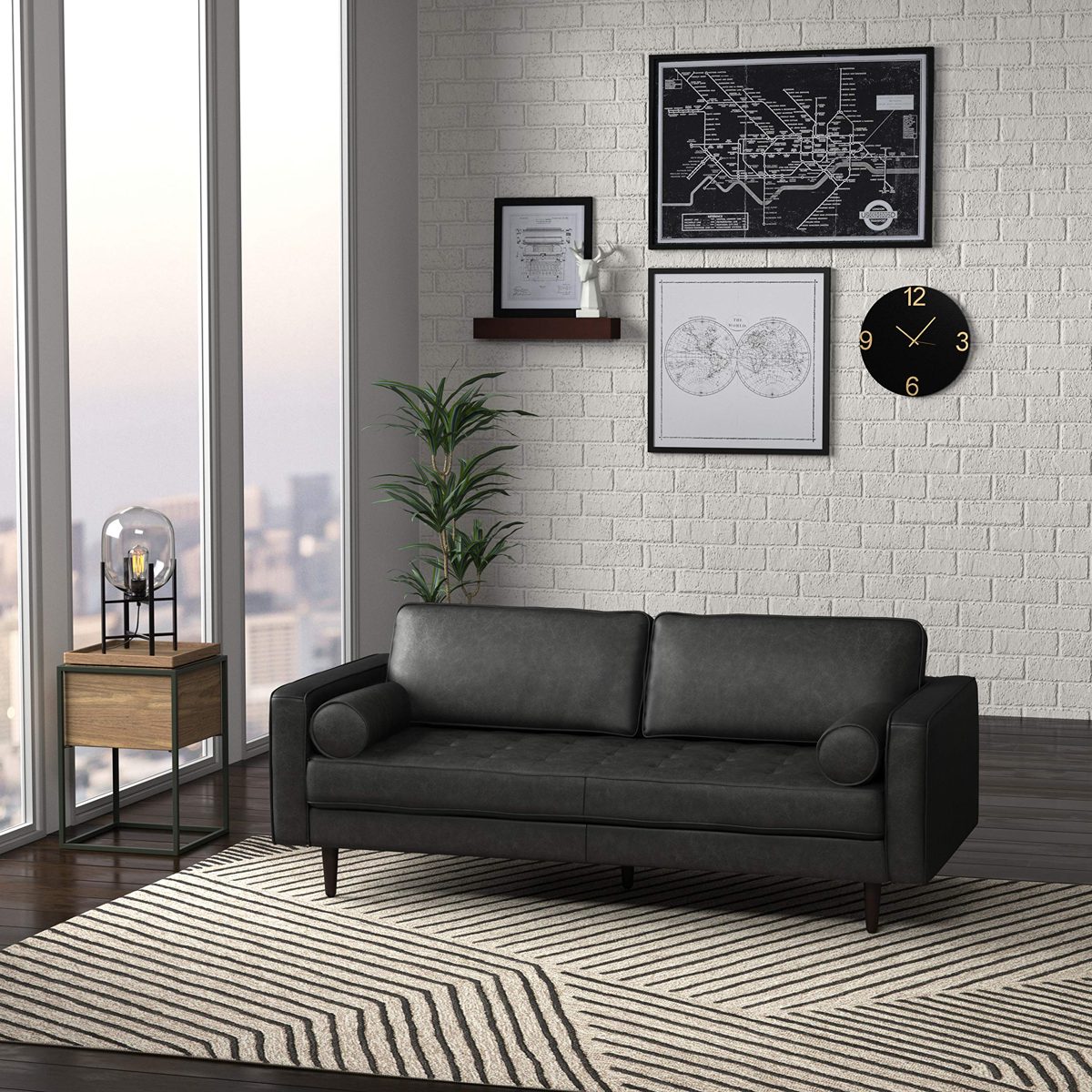 Amazon Brand – Rivet Aiden Mid-Century Leather Sofa with Tapered Wood Legs, 74"W, Black