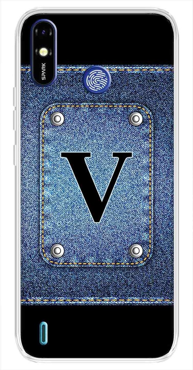 Amazon Brand - Solimo Designer Multicolor Button Jeans Alphabet-V Printed Soft Back Case Mobile Cover for Tecno Spark Go Plus