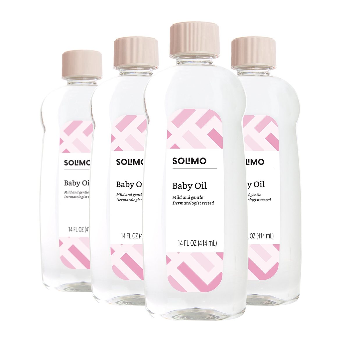 Amazon Brand - Solimo Baby Oil, Mild & Gentle, Dermatologist Tested, 14 Fluid Ounces (Pack of 4) & Solimo Baby Oil with Aloe Vera & Vitamin E, 20 Fluid Ounces (Pack of 4)