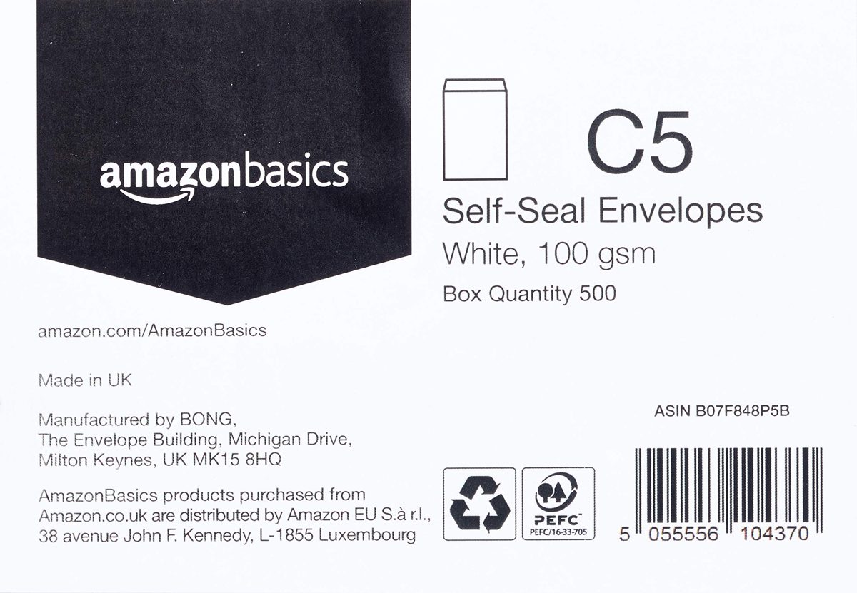 AmazonBasics C5 Self-Seal Envelopes, White, 100 GSM, 500 Pack