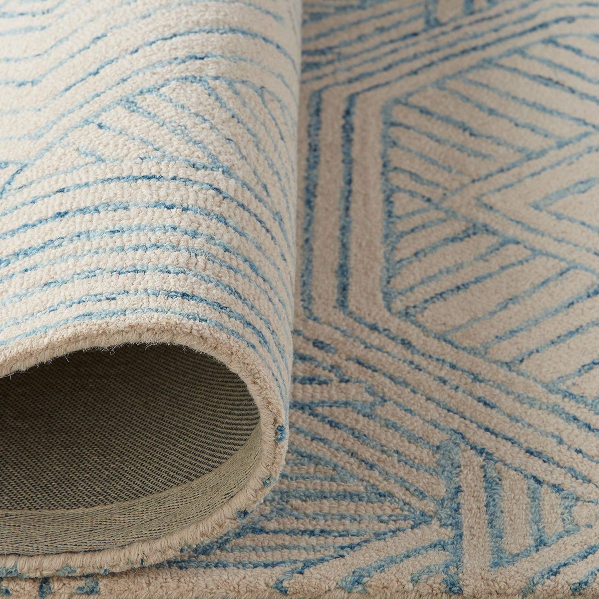 Amazon Brand – Rivet Geometric Wool Area Rug, 5 x 8 Foot, Blue, Ivory