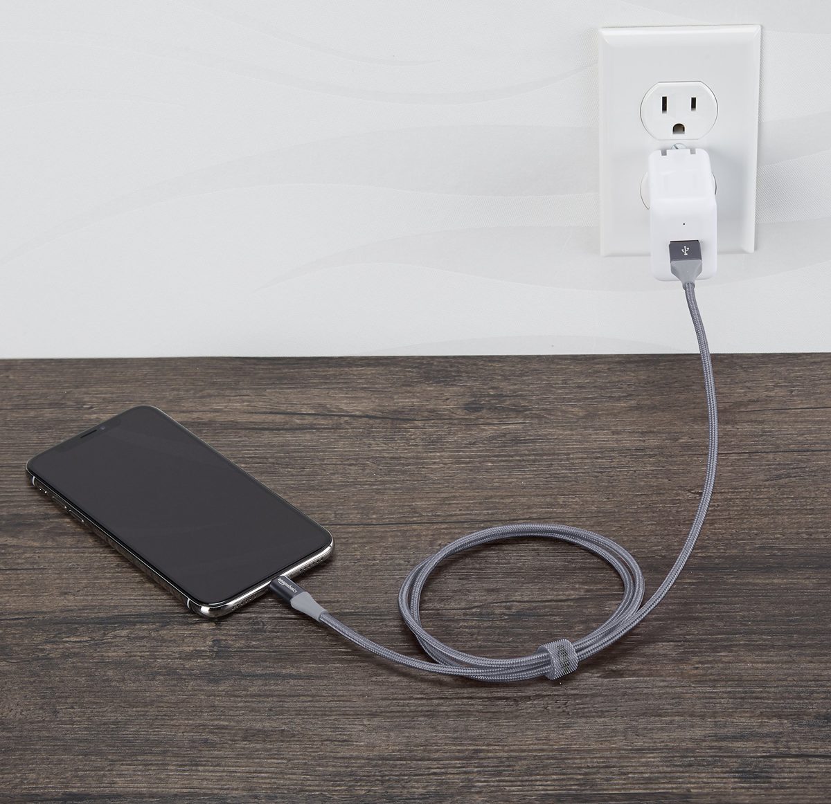 AmazonBasics Double Braided Nylon Lightning to USB Cable, Advanced Collection, MFi Certified Apple iPhone Charger, Dark Gray, 3 Foot