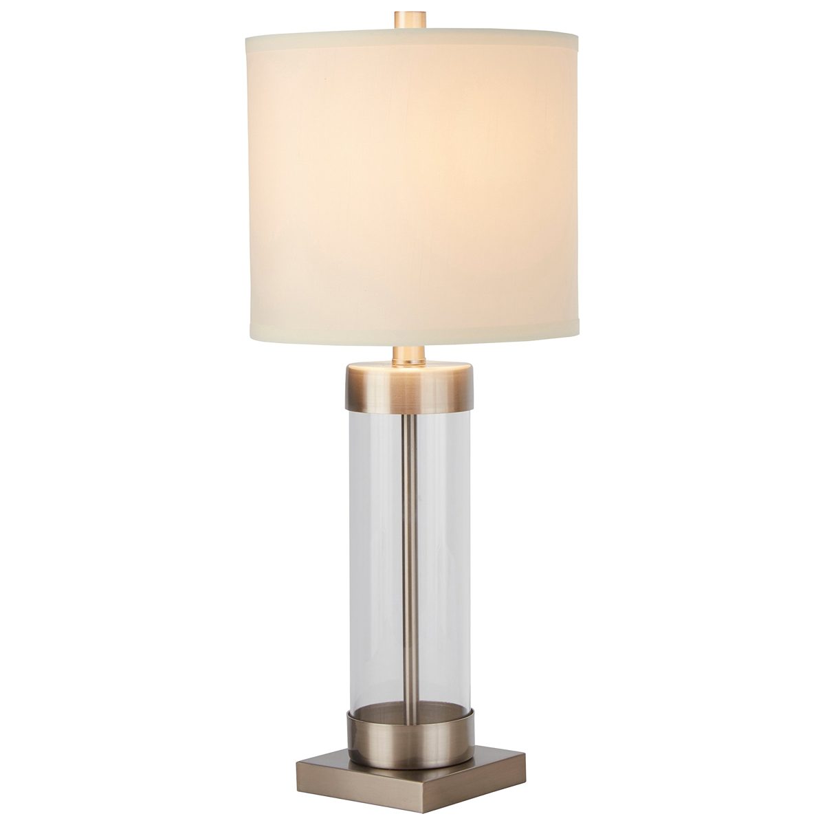 Amazon Brand – Stone & Beam Glass Column Living Room Table Desk Lamp With Light Bulb and Linen Shade, 23"H, Brushed Nickel
