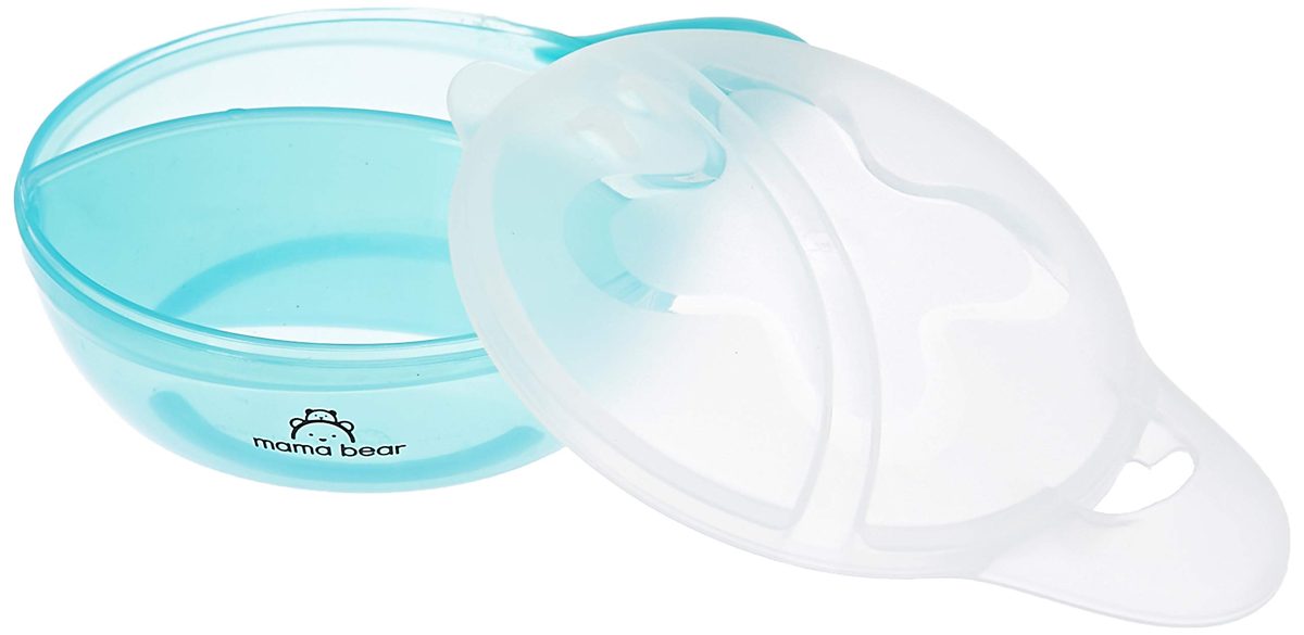 Amazon Brand - Mama Bear Round Bowl with Snap-in Spoon and Lid (Blue)