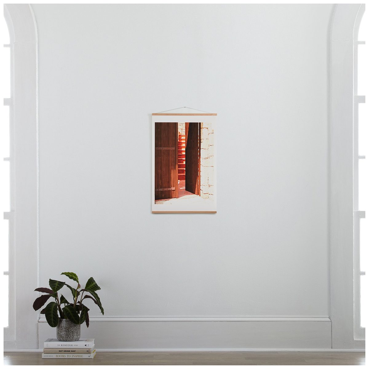 Amazon Brand – Rivet Wooden Door to an Old City Photo Print with Oak Hanger, 16" x 20"